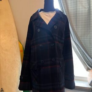 Woman Within Navy and Burgundy Plaid Pea Coat